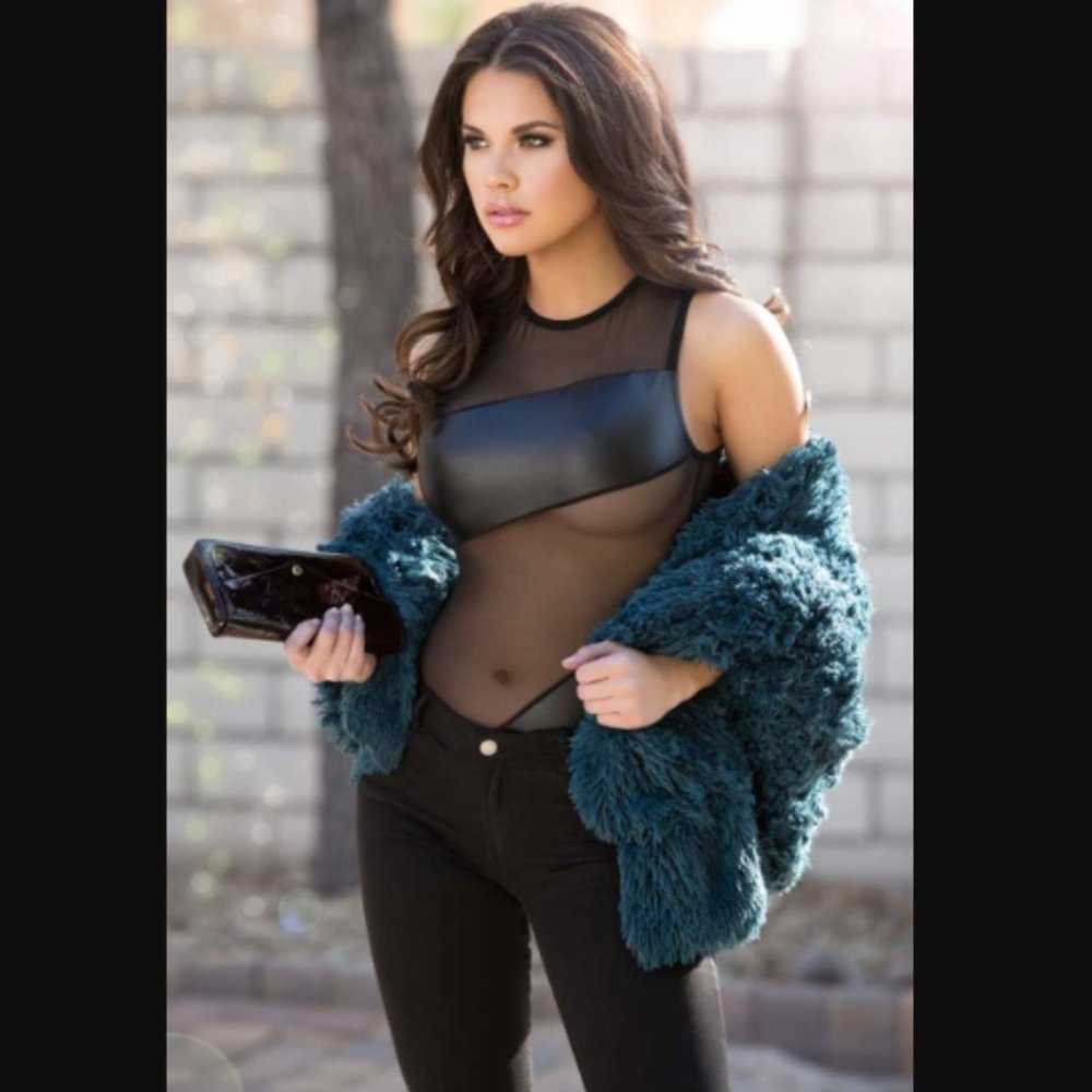 ❣️2/$36 Allure Lingerie Faux Leather Mesh Zippered One Piece Bodysuit Romper SM